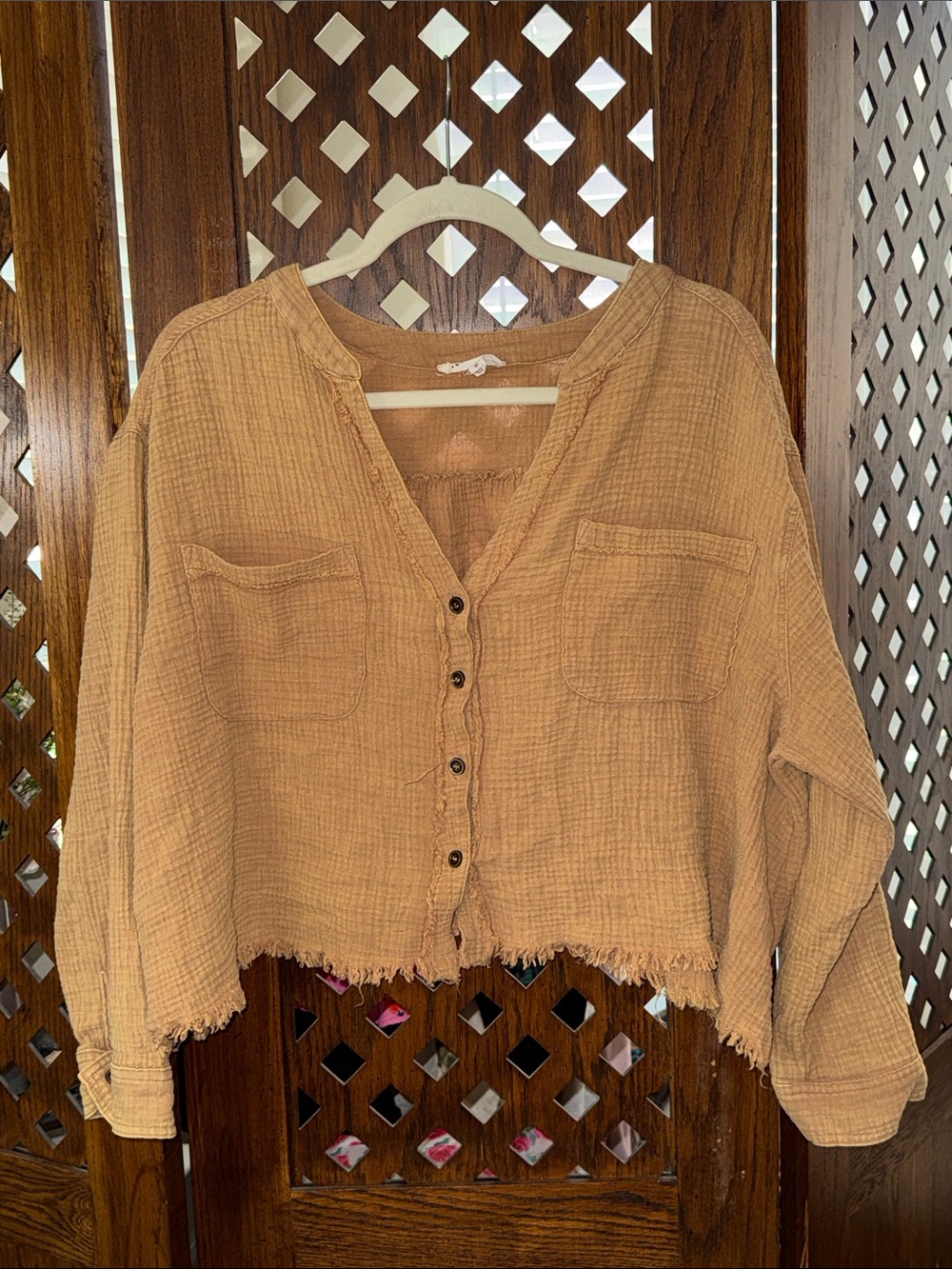100% Cotton Tan Cropped Button-Front Women’s Shirt